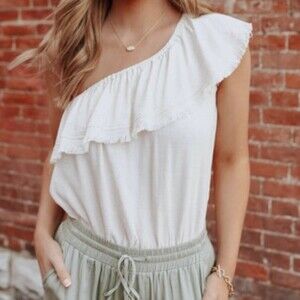 Promesa One Shoulder Ruffle Bodysuit- Snaps- Fringe Ends- Size Small